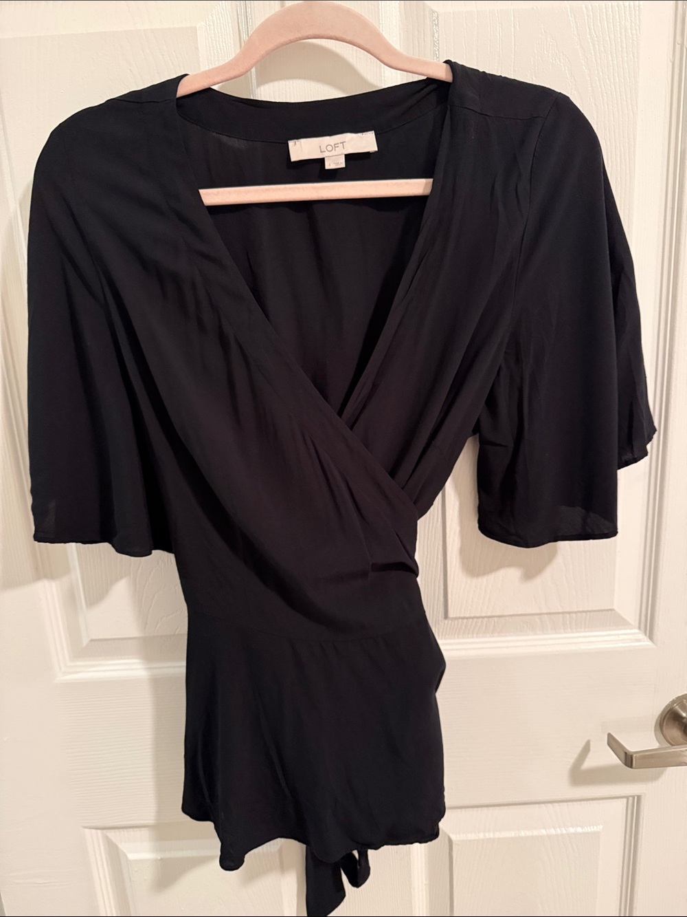 LOFT Black Surplice Wrap style top with Flutter Sleeves